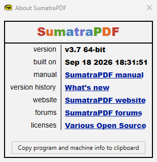 The About window with the Copy program and machine info to clipboard button