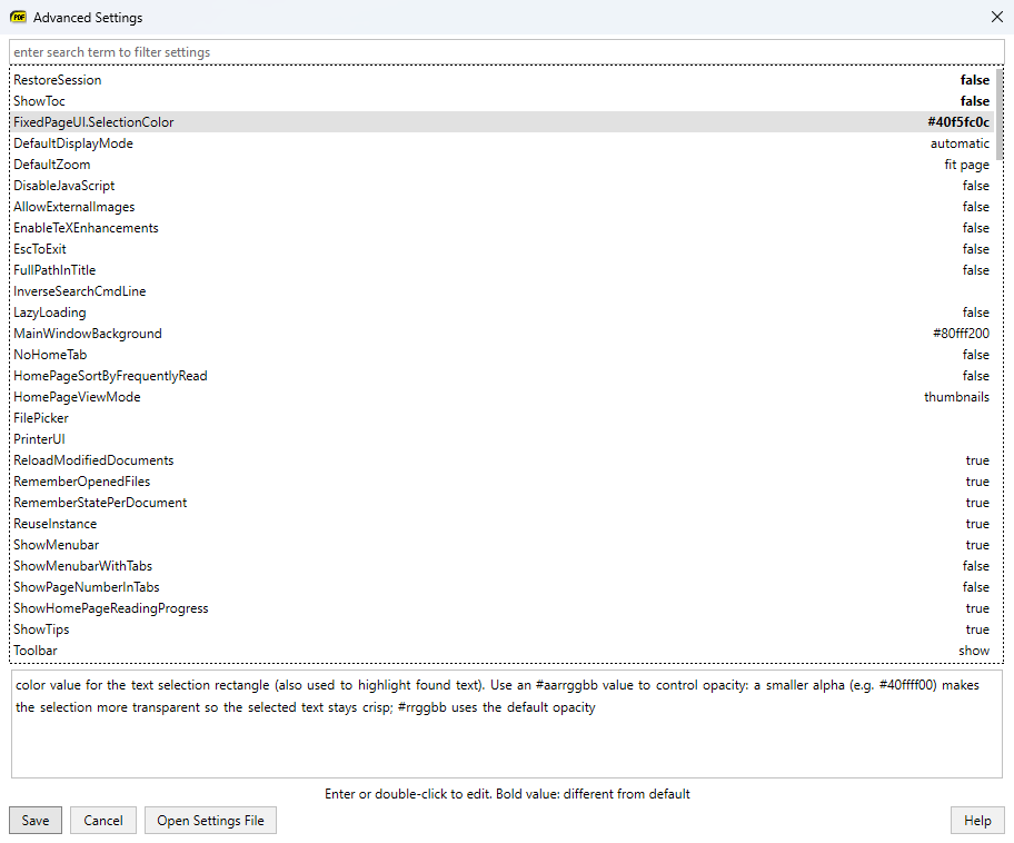 Advanced Settings dialog with the list of settings, changed values in bold and help text for the selected setting