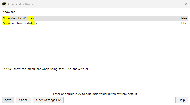 Advanced Settings filtered by &ldquo;show tab&rdquo;, with matches highlighted