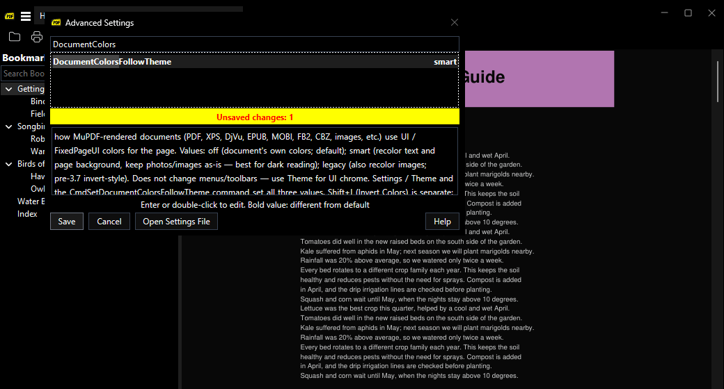 Advanced Settings in the Dark theme, previewing DocumentColorsFollowTheme = smart on the document behind it