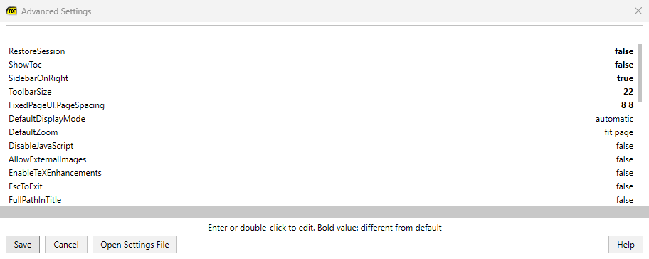 Advanced Settings with changed settings in bold at the top of the list