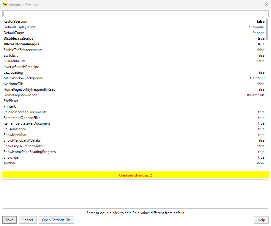 Advanced Settings with two edited values and the Unsaved changes: 2 banner
