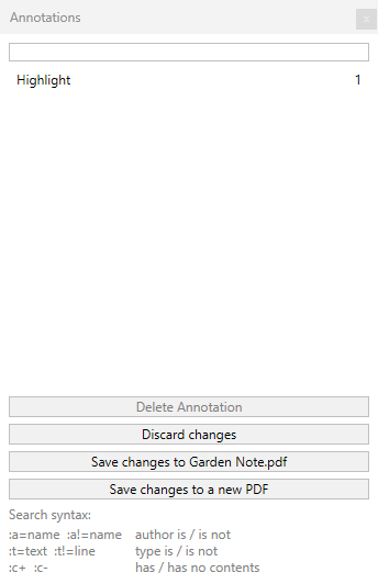 Annotations window with a &ldquo;Save changes to Garden Note.pdf&rdquo; button