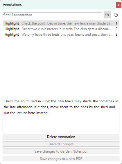The Annotations window showing the full note of the selected highlight under the list