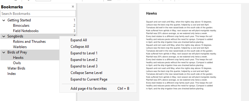 Bookmarks with page numbers, the current page&rsquo;s bookmarks highlighted and the new Expand to Level and Collapse Same Level menu items