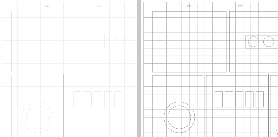 A zoomed-out floor plan with thin pale lines, without and with engineering drawing enhancement