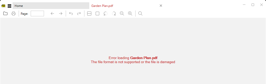 Error screen for a damaged PDF file