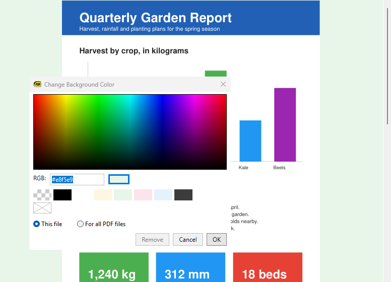 The Change Background Color window with custom color swatches, over a document with a light green background