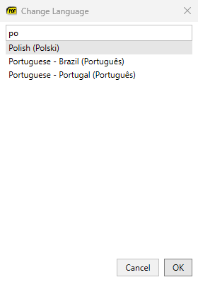 The Change Language dialog filtered by typing &ldquo;po&rdquo; in its search box