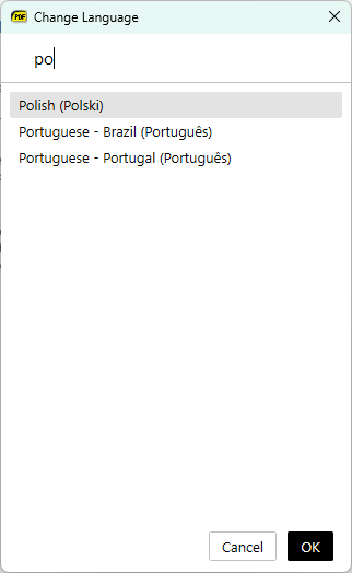 The Change Language dialog filtered by typing &ldquo;po&rdquo; in its search box