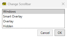 The Change Scrollbar dialog with Windows, Smart Overlay, Overlay and Hidden modes