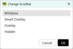 The Change Scrollbar dialog with Windows, Smart Overlay, Overlay and Hidden modes
