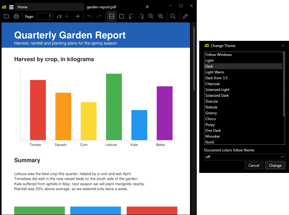 The Change Theme window next to the main window, with the Dark theme previewed