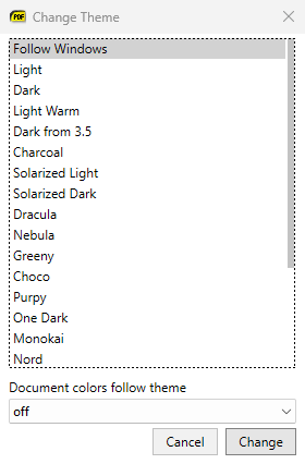 The Change Theme dialog with Follow Windows at the top of the list