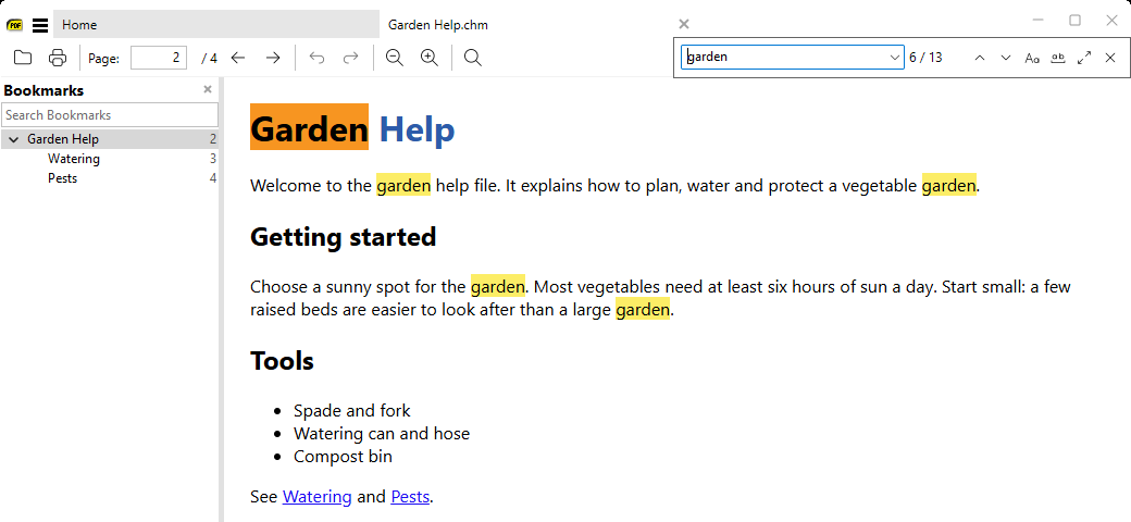 Find bar searching a CHM help file, with matches highlighted on the page