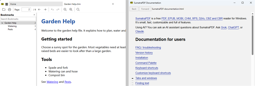 A CHM help file shown with WebView2, and the manual in its own window inside SumatraPDF