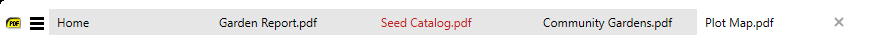 Tabs with a close button only on the selected tab and a failed file&rsquo;s title in red