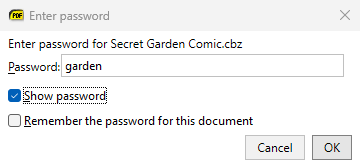 The password dialog for an encrypted CBZ file, with Show password checked