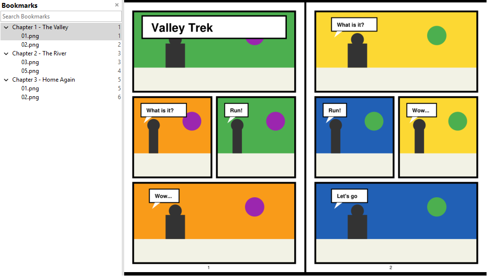 Chapter folders of a comic archive as nested entries in the Bookmarks sidebar