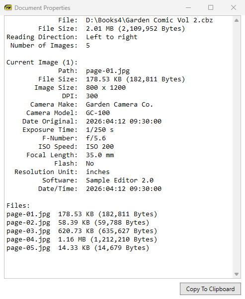 Document Properties for a comic book, with the current image&rsquo;s path, file size and EXIF metadata