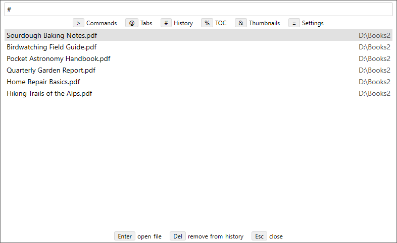 Command palette in history mode, with &ldquo;Del remove from history&rdquo; in the help bar