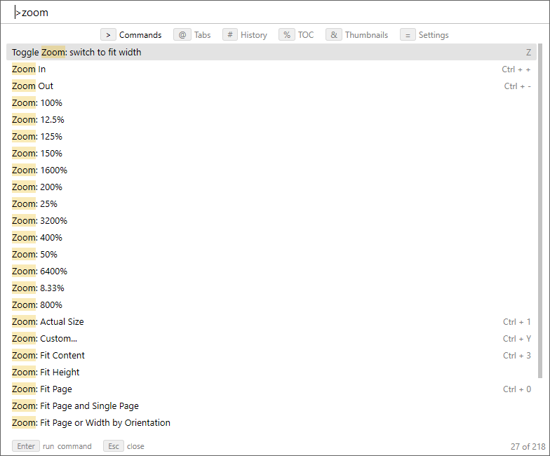 The redesigned command palette listing the zoom commands, with the mode row and the match count