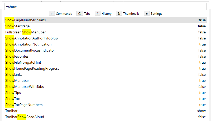 Command palette in = mode listing settings that match &ldquo;show&rdquo; with their values