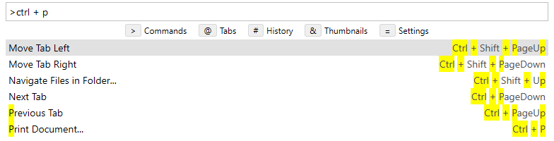 Command palette filtered by &ldquo;ctrl + p&rdquo; with the matching parts of the shortcuts highlighted