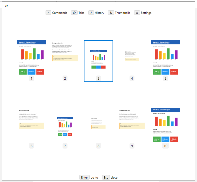 Command palette in & mode showing a grid of page thumbnails with page number badges