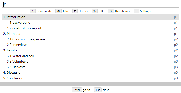 The Command Palette showing the table of contents after typing %