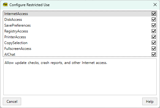 The Configure Restricted Use dialog with the list of policies