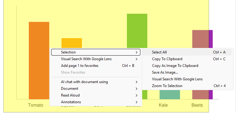 Document context menu with the Selection submenu open