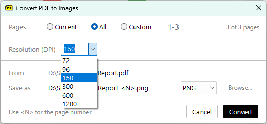 Convert PDF to Images with the Resolution (DPI) list open