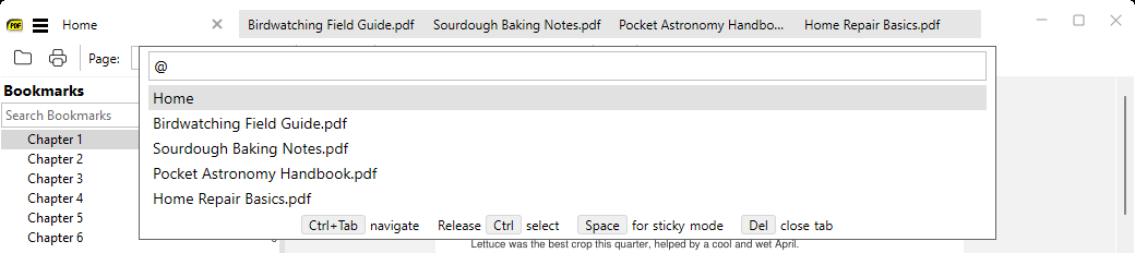 The Ctrl + Tab switcher sized to fit five open tabs