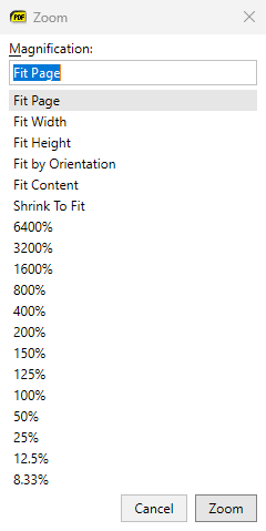 Zoom window with a text field and the list of zoom levels
