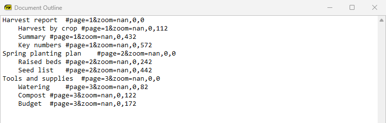 The Document Outline window showing a PDF&rsquo;s table of contents as text