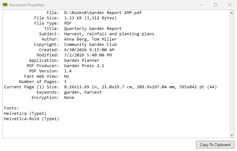 Document Properties with title, author, dates and keywords read from XMP metadata