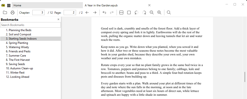 EPUB with Chapter 3 / 12 and Page 2 / 2 in the toolbar