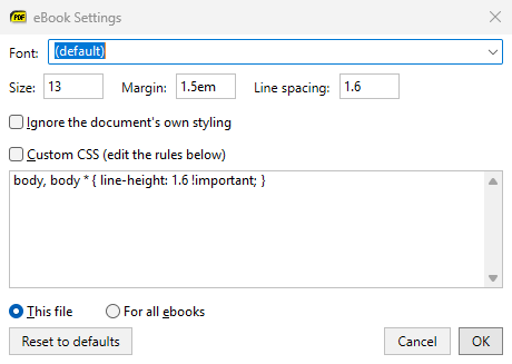 The eBook Settings dialog with size, margin and line spacing, and the CSS they produce
