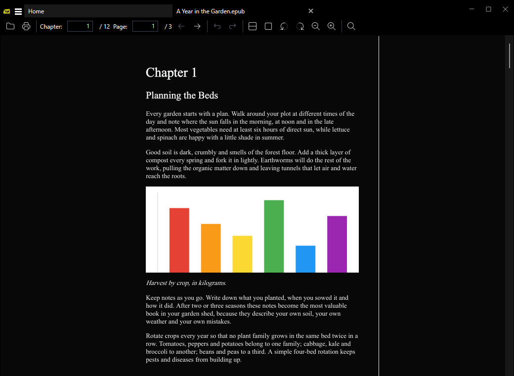 EPUB page in the Dark theme with themed text and background and the chart image in its original colors