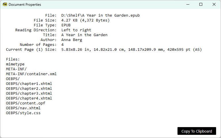 Document Properties for an EPUB book listing the files inside it