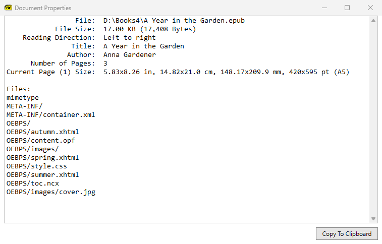 Document Properties for an EPUB book listing the files inside it