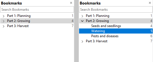 Bookmarks sidebar before and after Expand TOC to Current Page: the entry for the current page 5 is expanded and selected