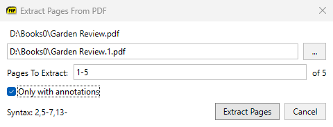 Extract Pages From PDF dialog with the Only with annotations option checked