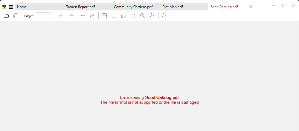 A tab showing the error screen for a file that failed to open
