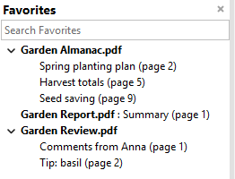 Favorites tree with bold file names, and a single favorite shown as &ldquo;file name : favorite&rdquo;