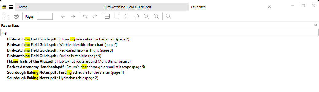 Favorites in their own tab, filtered by &ldquo;ing&rdquo; with the matches highlighted