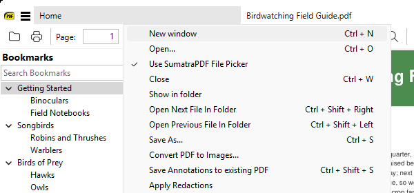 File menu with the Use SumatraPDF File Picker option checked