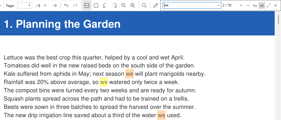 Find bar with Match whole word turned on: searching &ldquo;we&rdquo; highlights only the whole word, not &ldquo;wet&rdquo; or &ldquo;weeks&rdquo;
