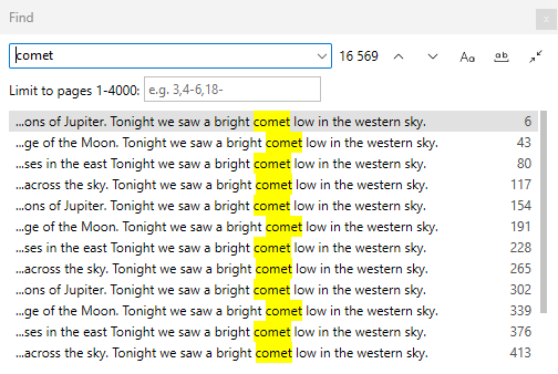Floating Find window during a search: 16 matches so far, scanning page 569, results in page order